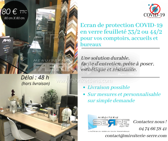 Ecran de protection COVID- 19 en verre feuilleté 33/2 ou 44/2